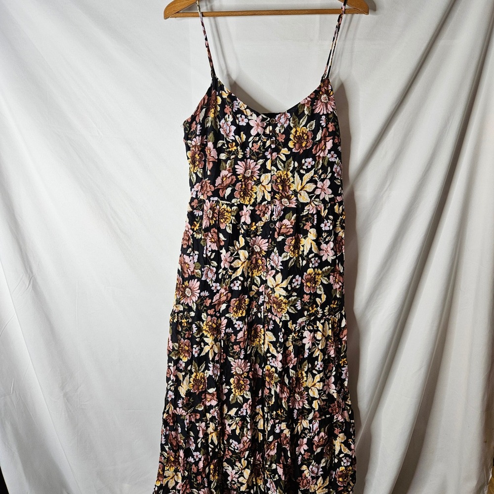 Aqua Black Floral Button Front Spaghetti Strap Maxi Dress‎ sz L